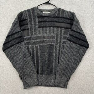 Vintage Pacific Club Sweater Mens XL Gray Black Wool Leather Trim Fuzzy Grandpa